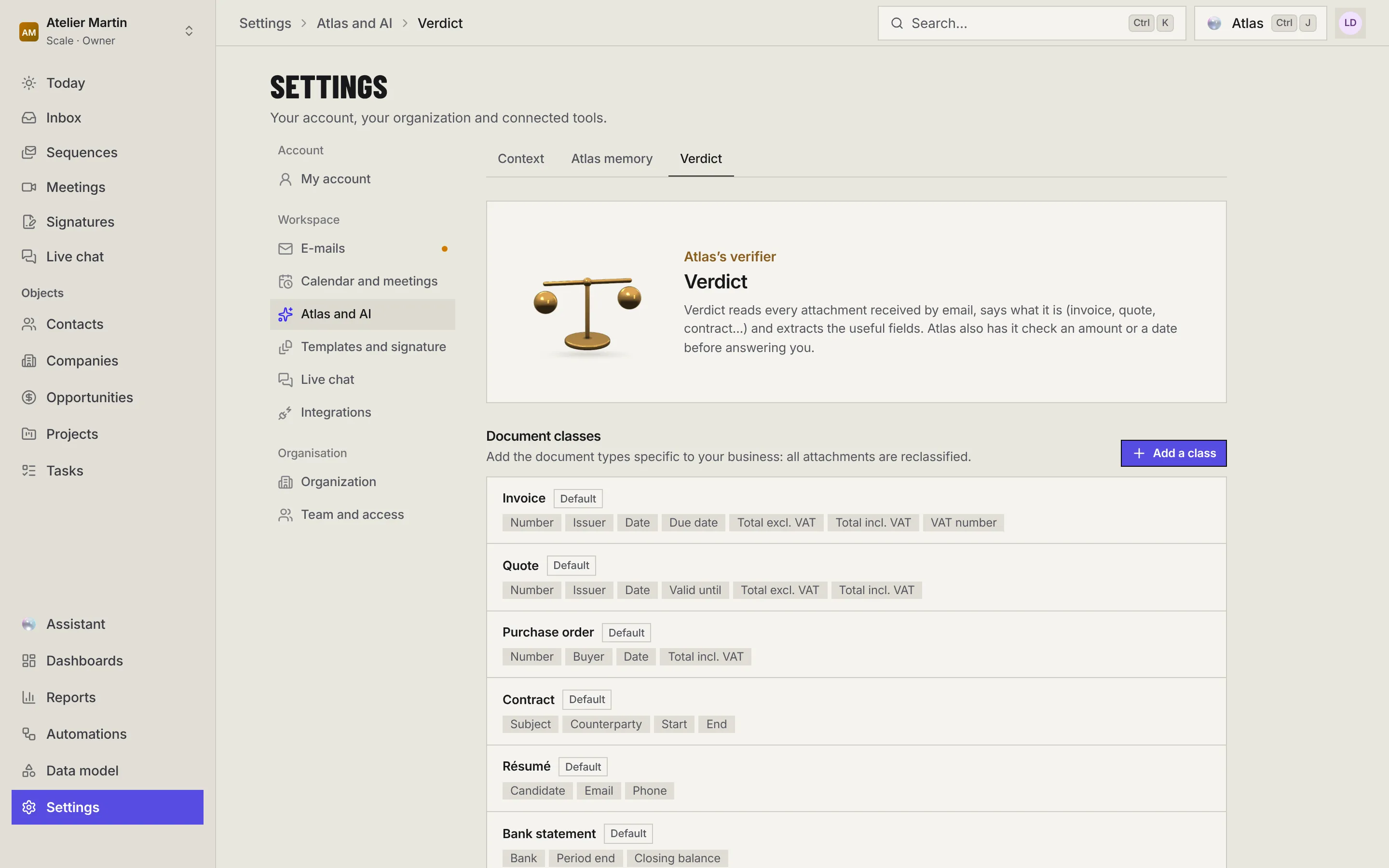 Settings › Atlas and AI › Verdict: Verdict's scale and its introduction, then Document classes with Add a class, and the default classes Invoice, Quote, Purchase order, Contract, Résumé and Bank statement with their fields.