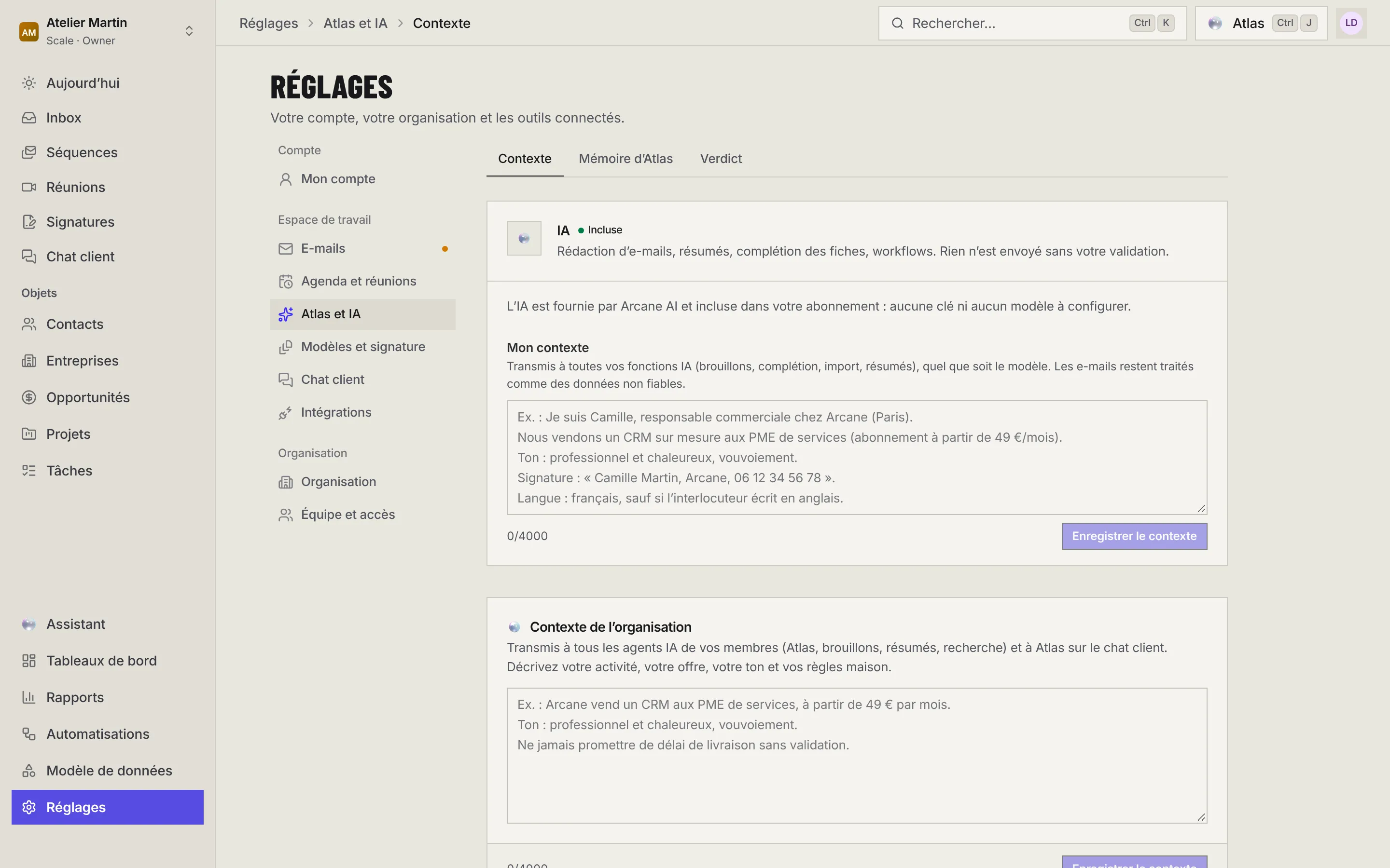 Réglages › Atlas et IA › Contexte : l'IA incluse, Mon contexte avec son exemple et le compteur 0/4000, puis Contexte de l'organisation.