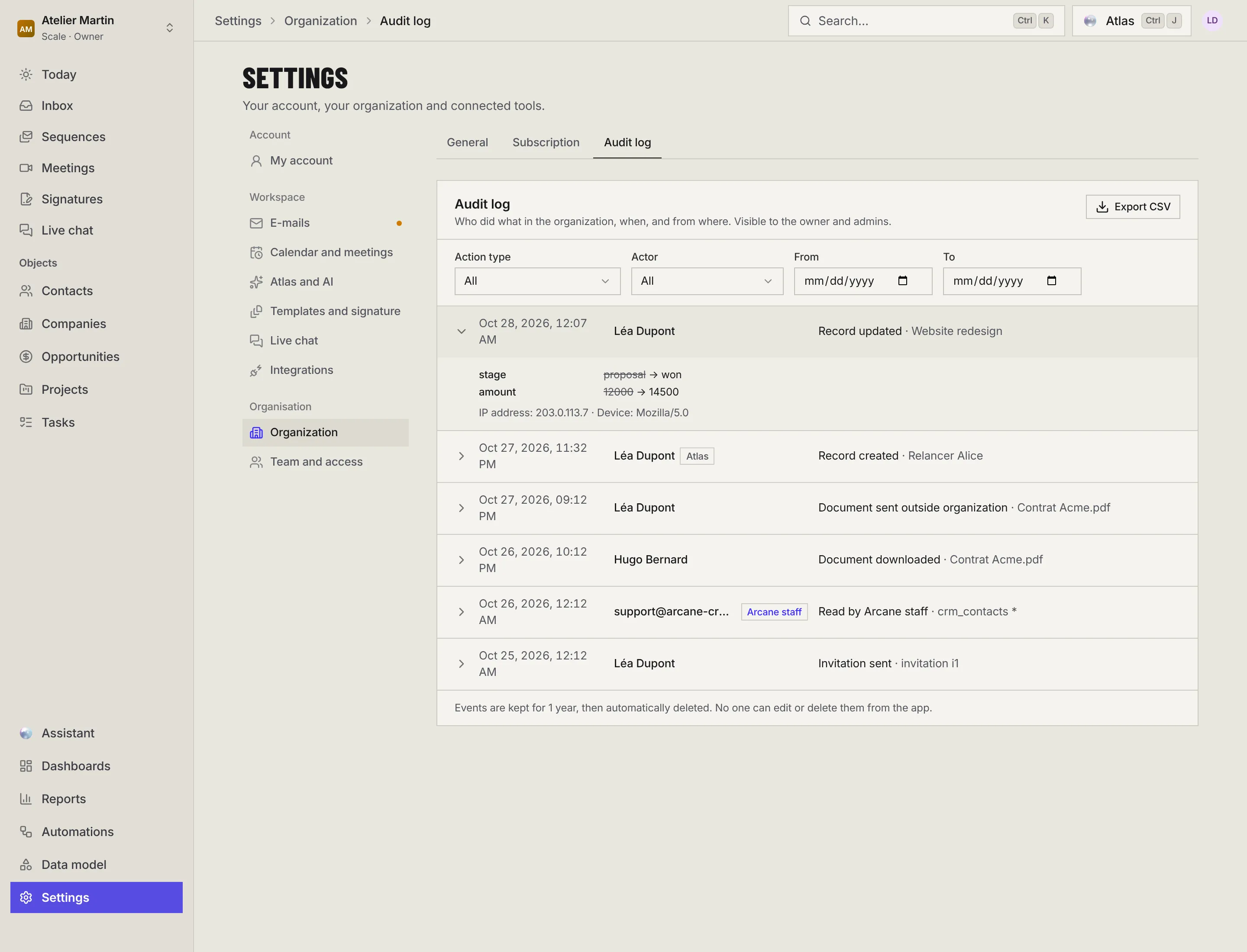 The audit log: the Action type, Actor, From and To filters, the Export CSV button, and the event list, one of them expanded to show the changed fields before and after, the IP address and the device.