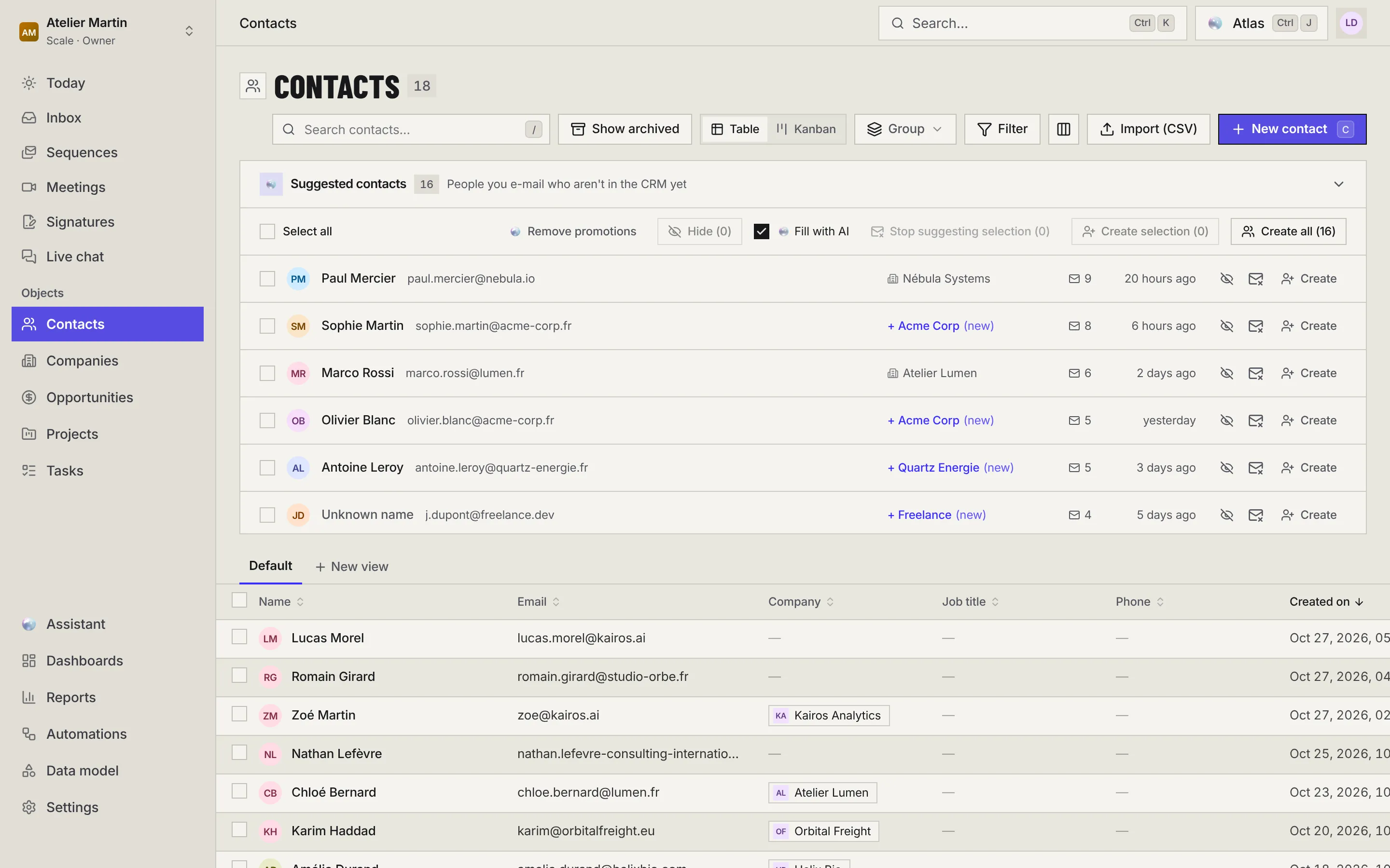 The contact list with, at the top, the Suggested contacts panel: 16 correspondents, their detected company, the number of e-mails and the create buttons.