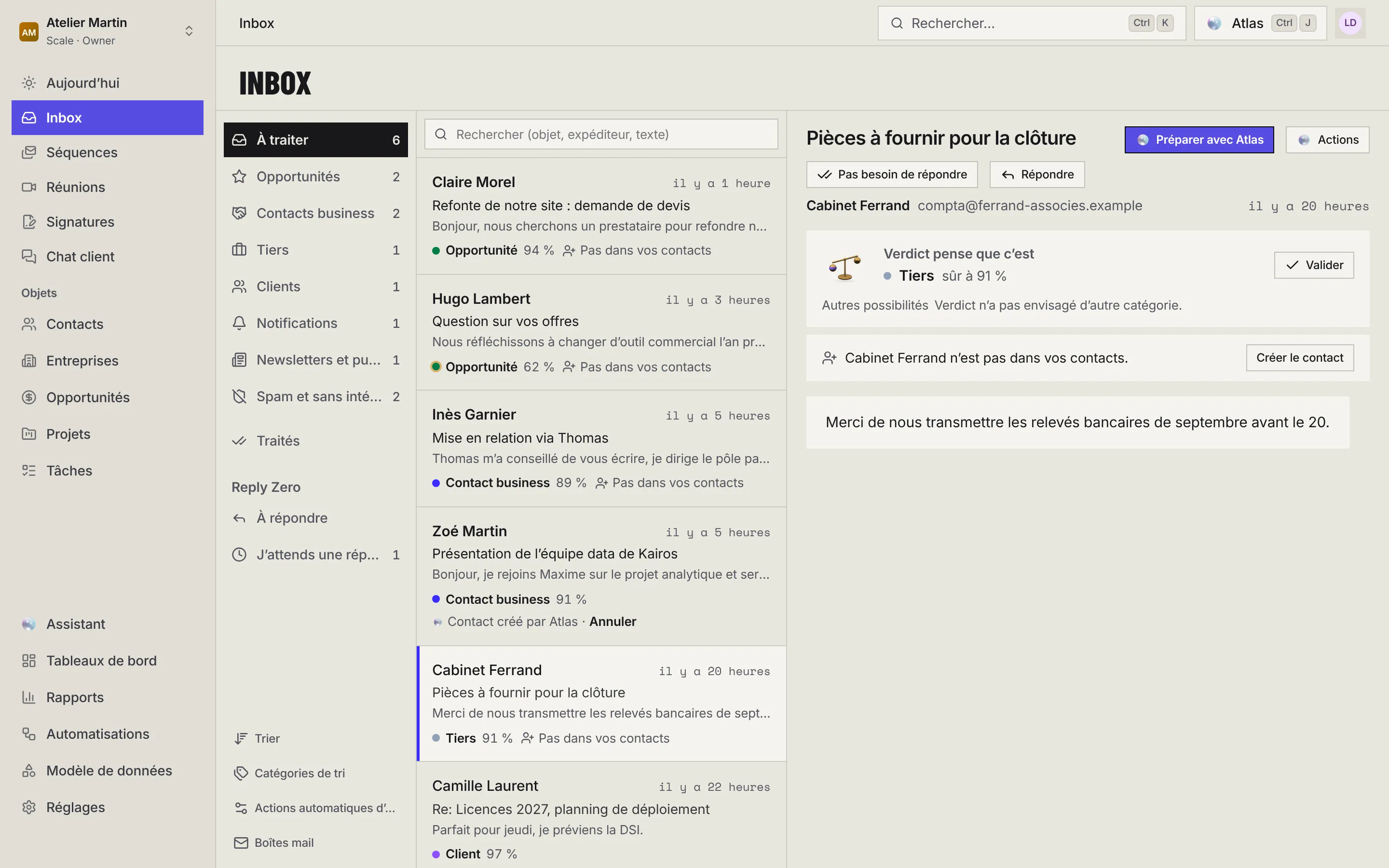 Un e-mail ouvert dans l'Inbox avec, en haut, Préparer avec Atlas, Actions, Pas besoin de répondre et Répondre.