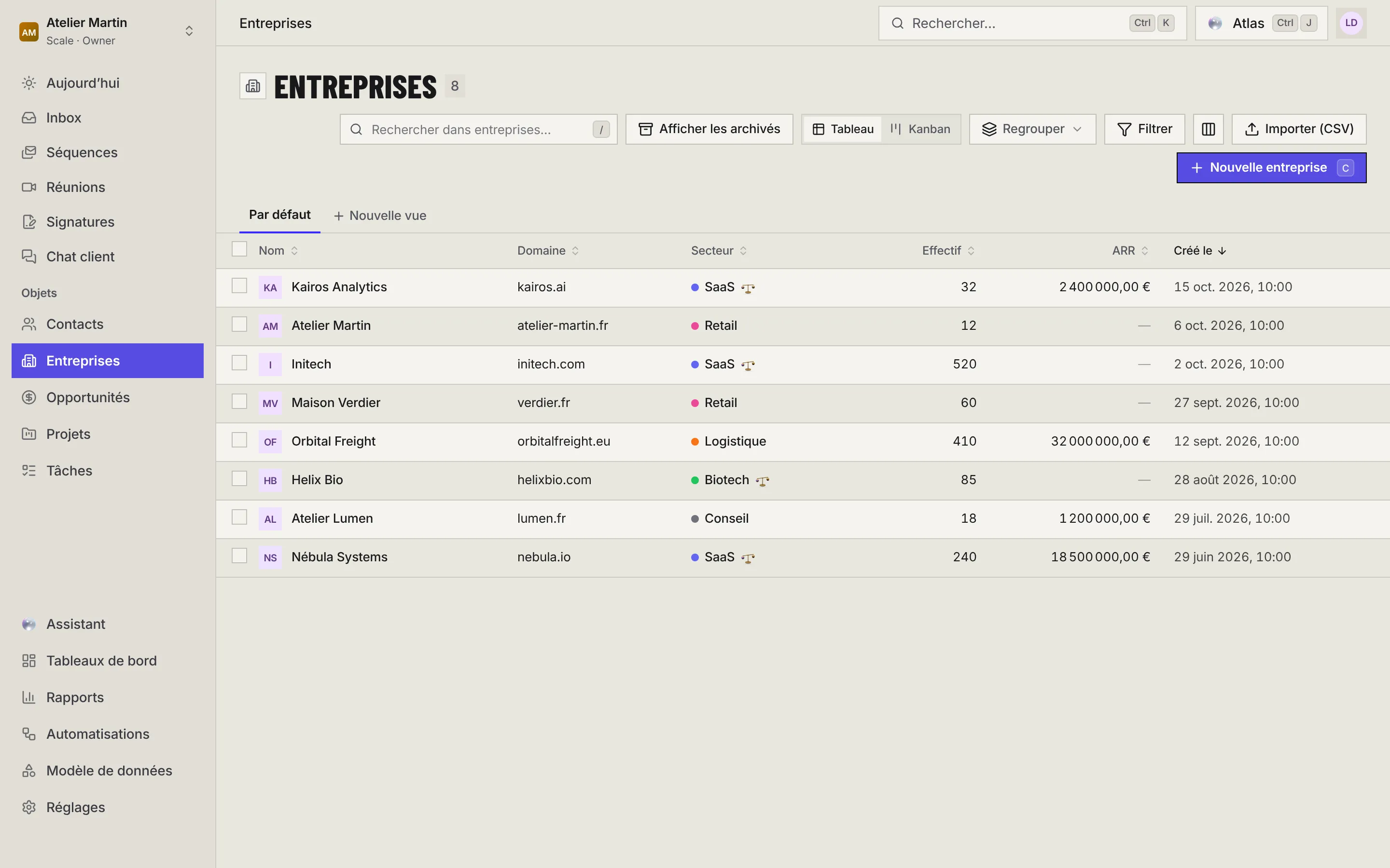 La liste des entreprises : la recherche, Afficher les archivés, le choix Tableau ou Kanban, Regrouper, Filtrer, les colonnes, Importer (CSV), Nouvelle entreprise, la barre des vues et le tableau.