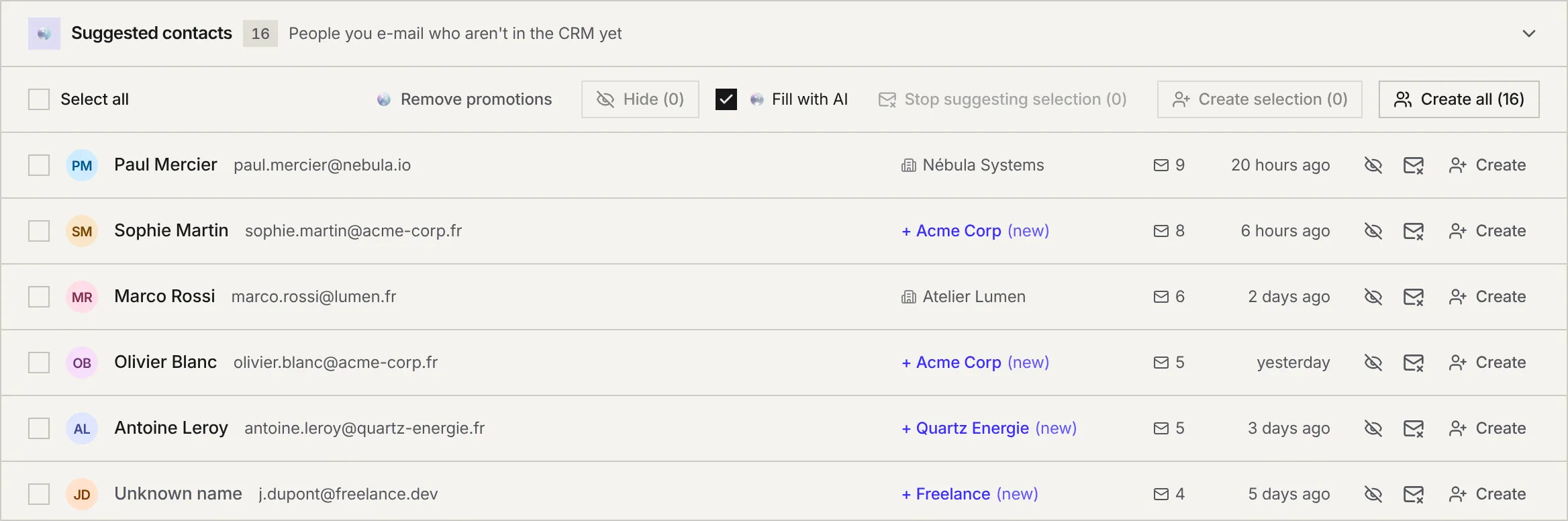 The Suggested contacts panel: name, address, existing or new company, number of e-mails, date of the last exchange and the Hide, Stop suggesting and Create buttons.