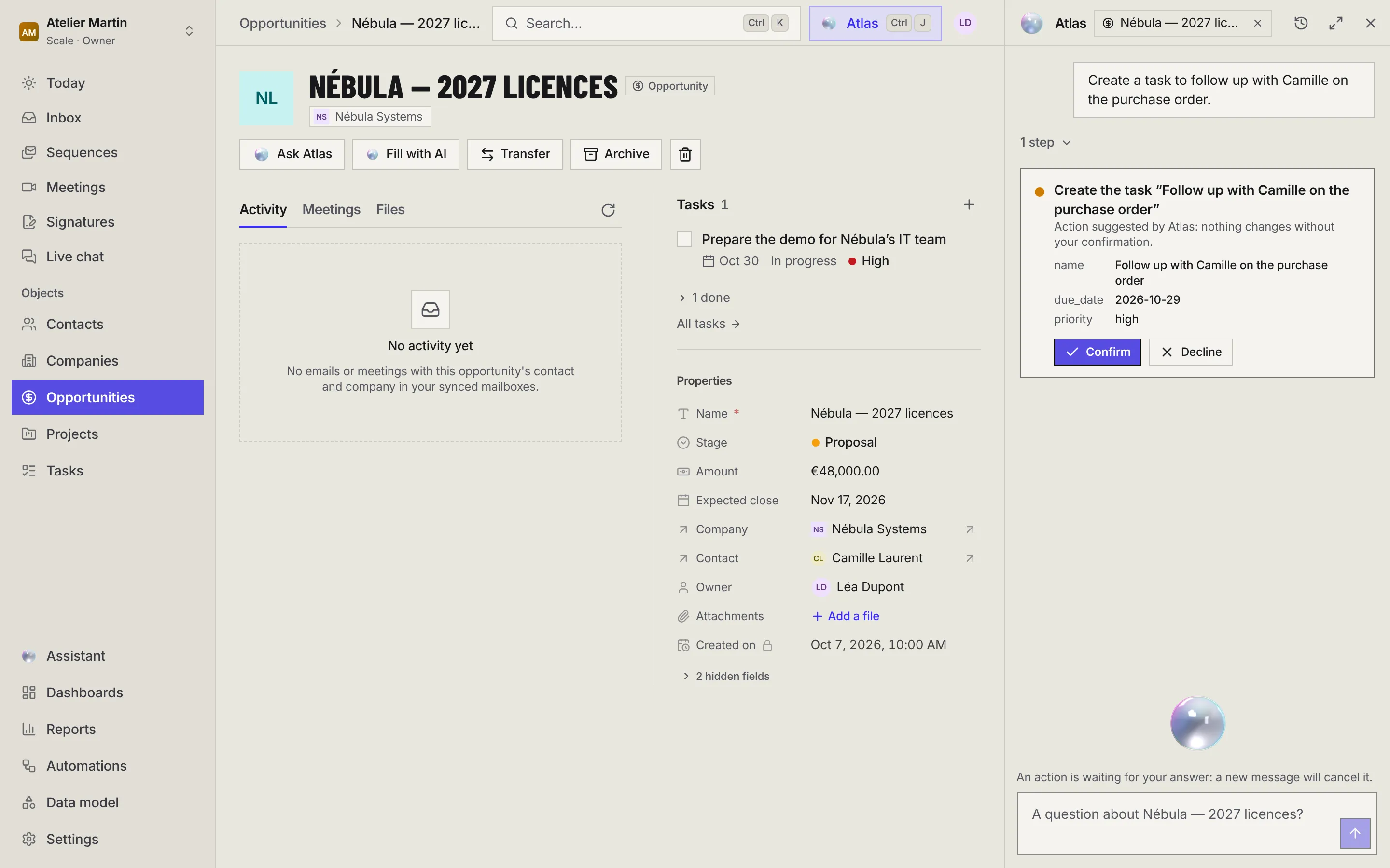 The Atlas panel open on the Nébula — 2027 licences opportunity: the page in context, the history, Open full page, the Create the task card with Confirm and Decline, and the message An action is waiting for your answer.