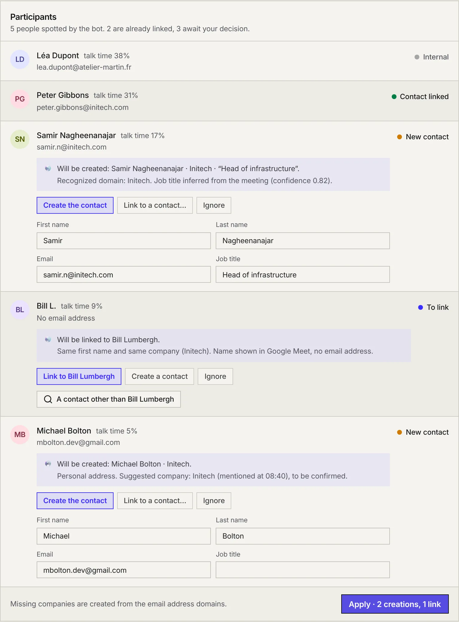 The Participants block: Léa Dupont internal, Peter Gibbons contact linked, two new contacts to create and Bill L. to link to Bill Lumbergh, then the Apply button.