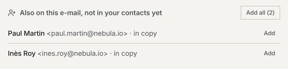 The Also on this e-mail, not in your contacts yet box: two people in copy, each with an Add button, and Add all (2).