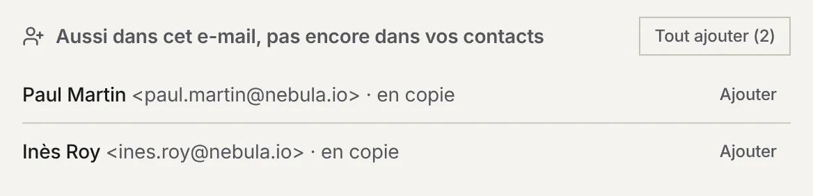 L'encadré Aussi dans cet e-mail, pas encore dans vos contacts : deux personnes en copie, chacune avec un bouton Ajouter, et Tout ajouter (2).