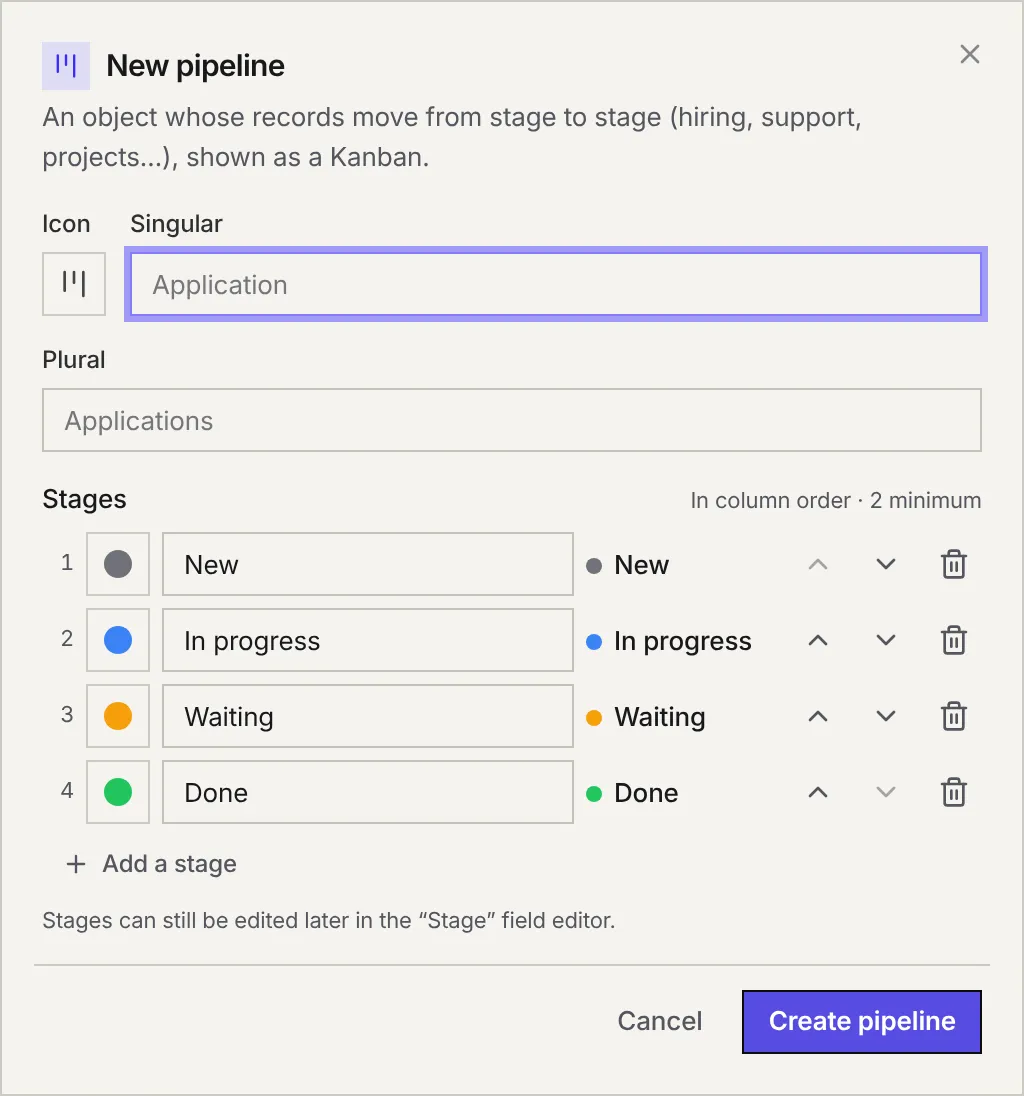 The New pipeline window: the icon, the singular and plural names, and the stages with their colour, in column order.