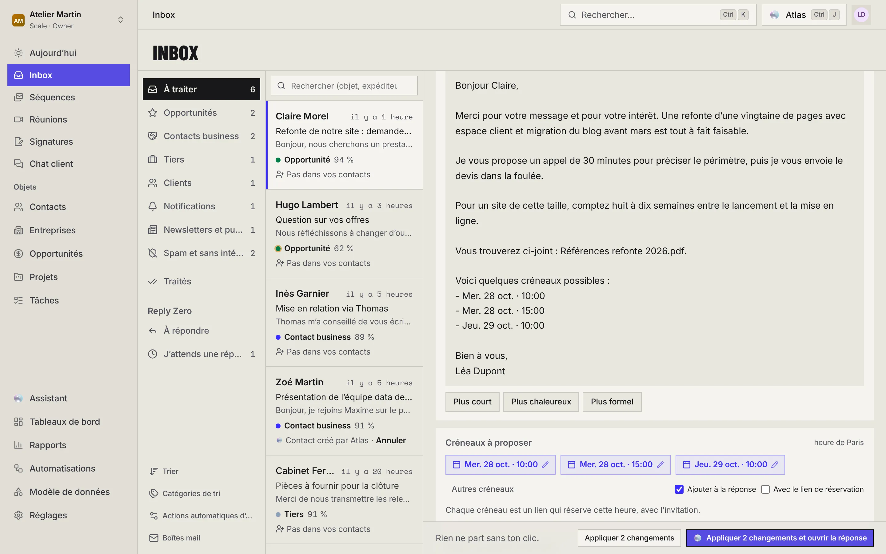 La suite de la préparation : les boutons de ton sous la réponse, les créneaux à proposer, les fichiers et informations qu'Atlas propose de joindre, sa question, et les changements dans le CRM avec Retirer.