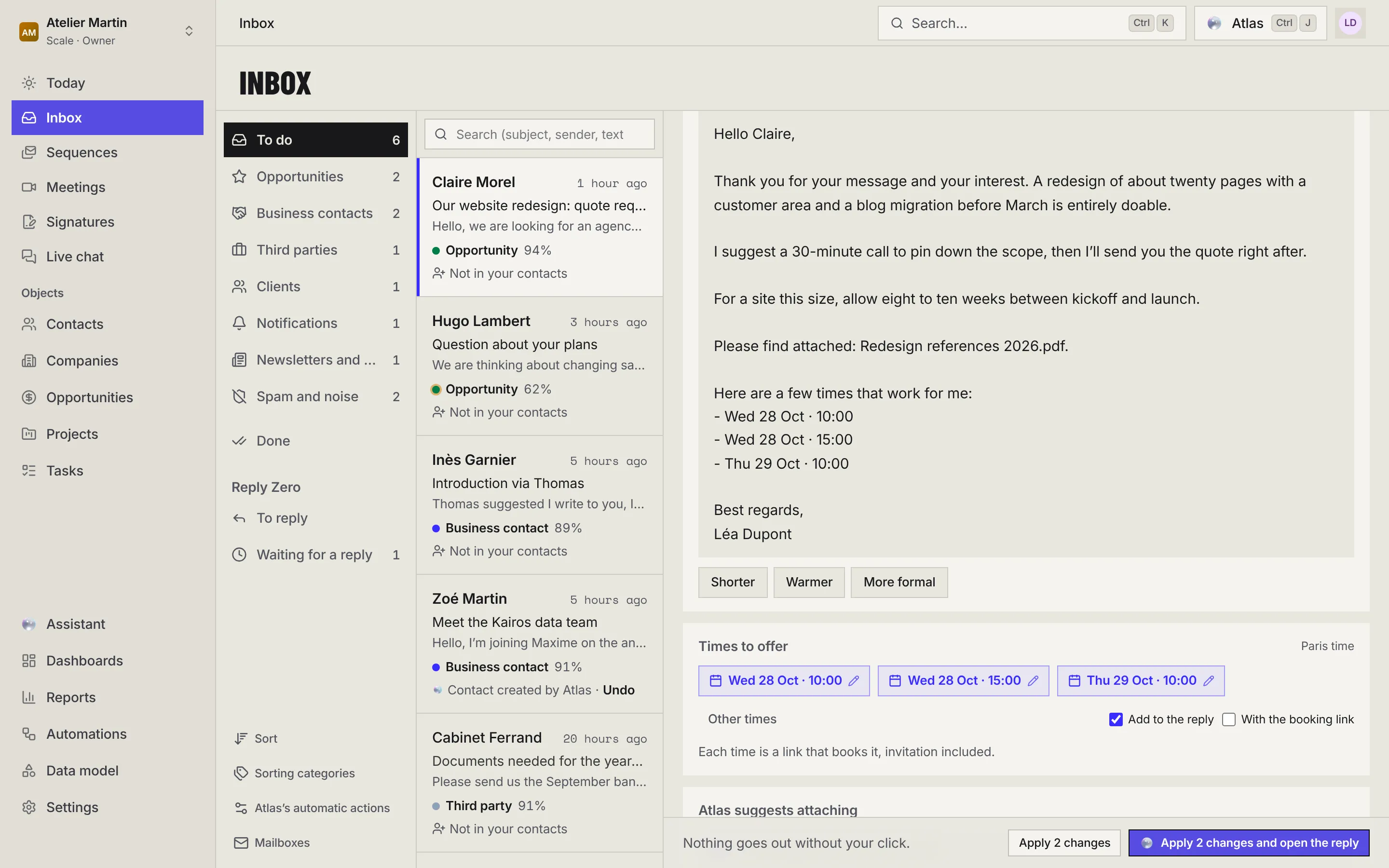 Further down the preparation: the tone buttons under the reply, the times to offer, the files and information Atlas suggests attaching, its question, and the CRM changes with Remove.