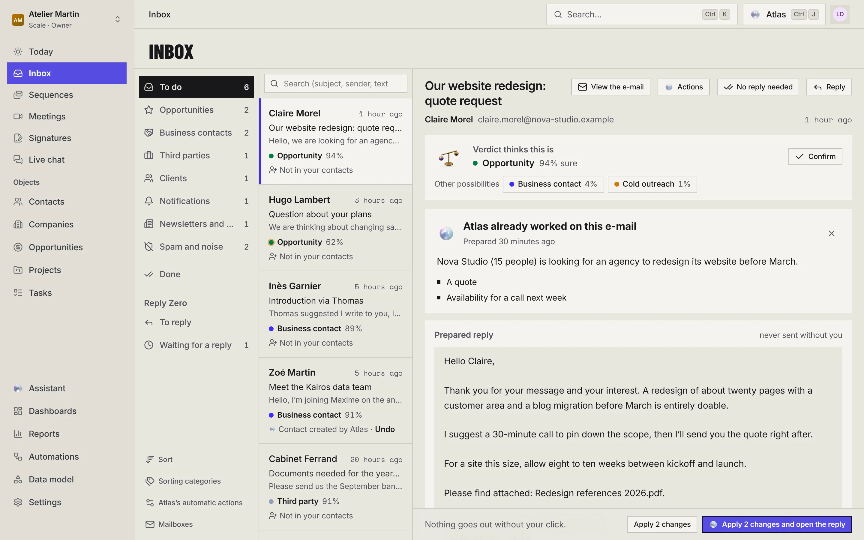 Atlas' preparation: Verdict's box, then the In short summary and the prepared reply, with the Apply buttons at the bottom.