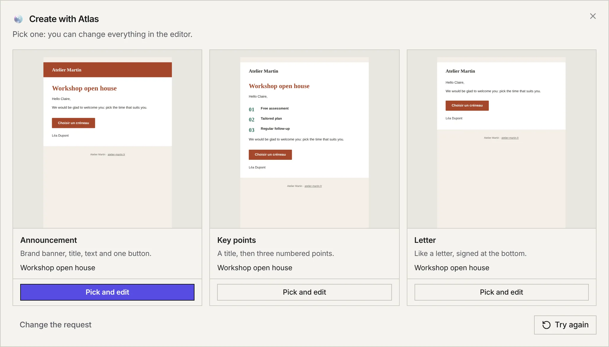 Three suggestions from Atlas: Announcement, Key points and Letter, each with its preview, description, subject and the Pick and edit button.