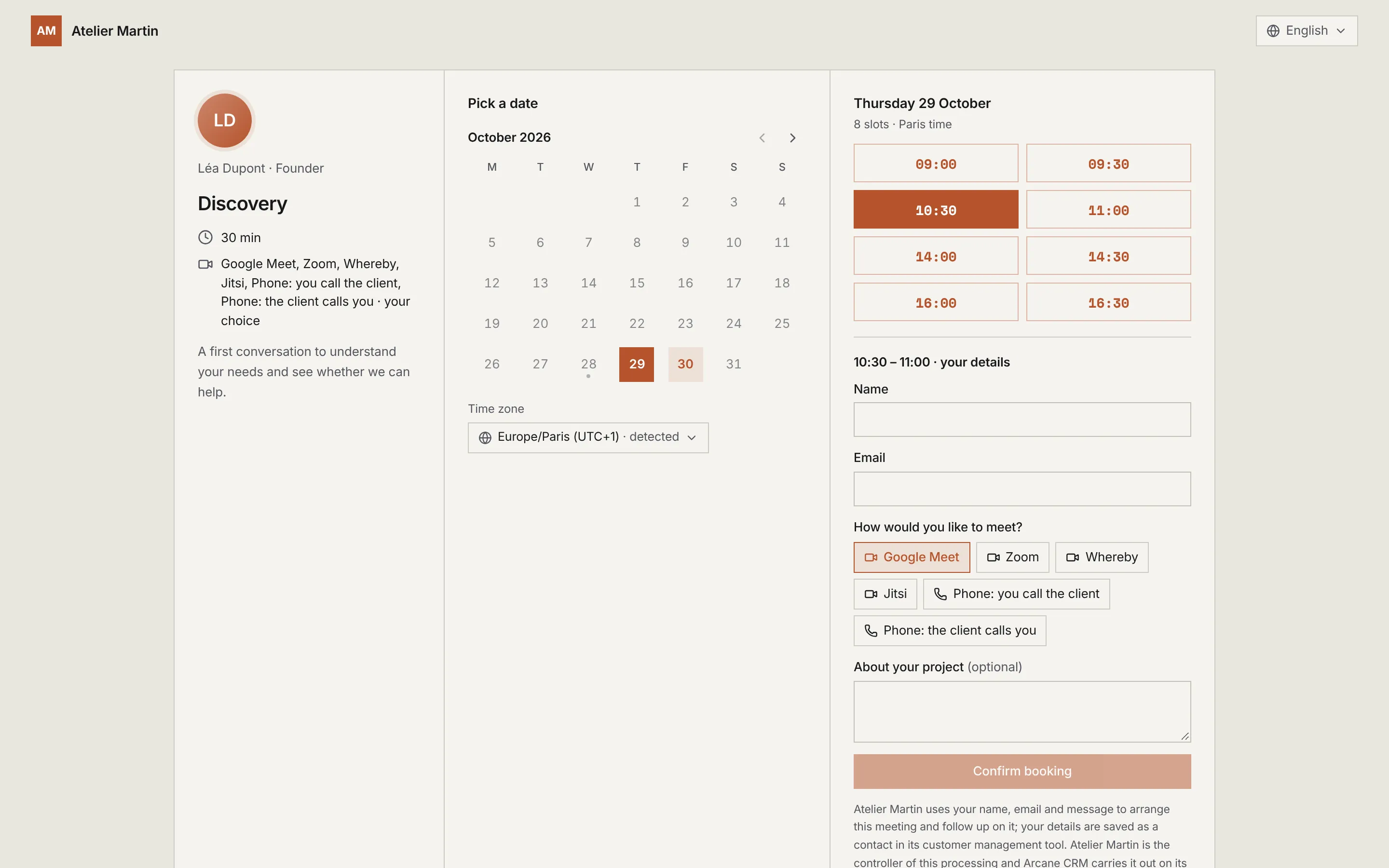 Léa Dupont's public page: the Discovery type, the calendar, the detected time zone, Thursday's time slots with 10:30 picked, then the form Name, Email, How would you like to meet and Confirm booking.