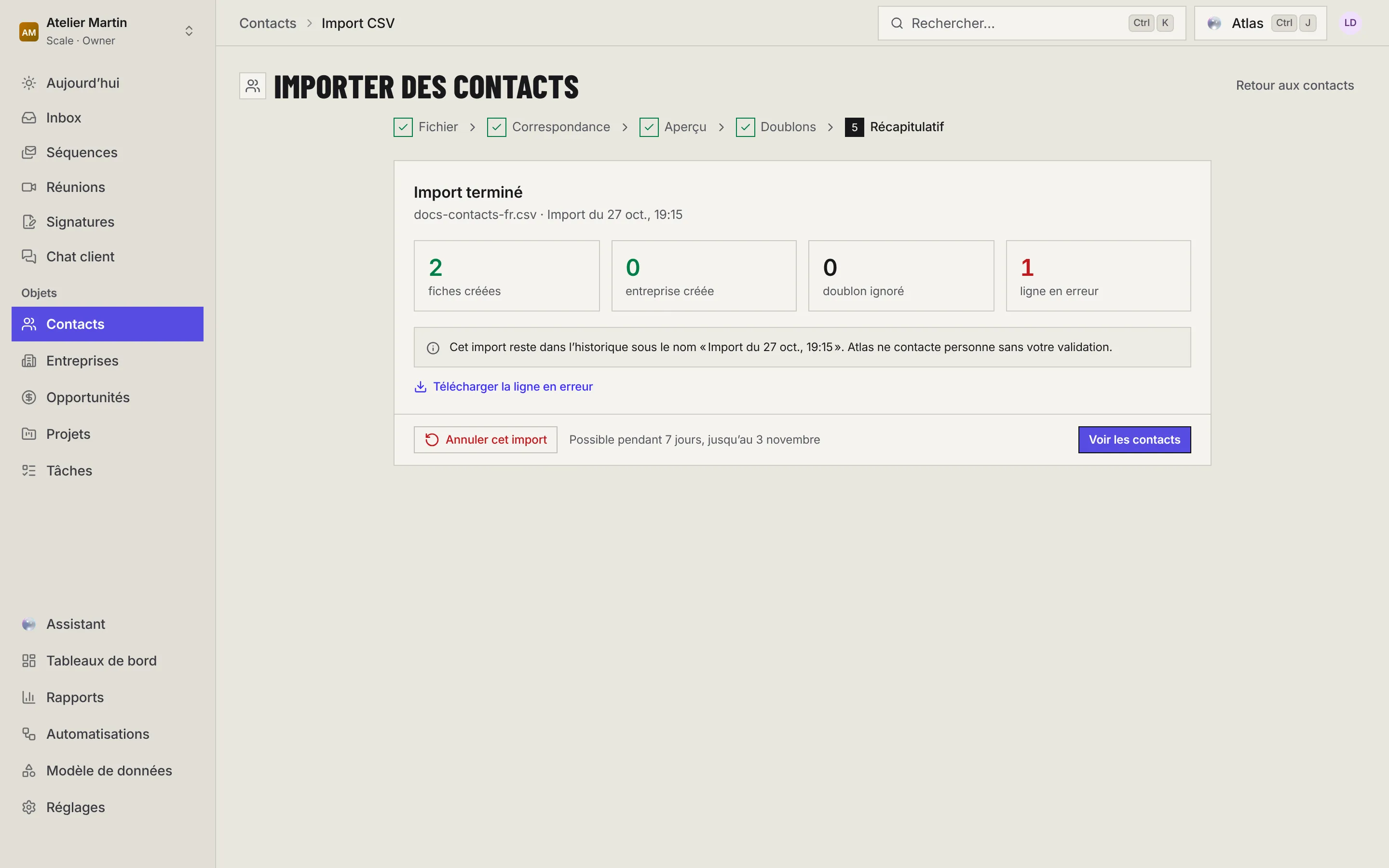 Le récapitulatif : fiches créées, entreprises créées, doublons ignorés, lignes en erreur, le lien de téléchargement des erreurs et le bouton Annuler cet import.
