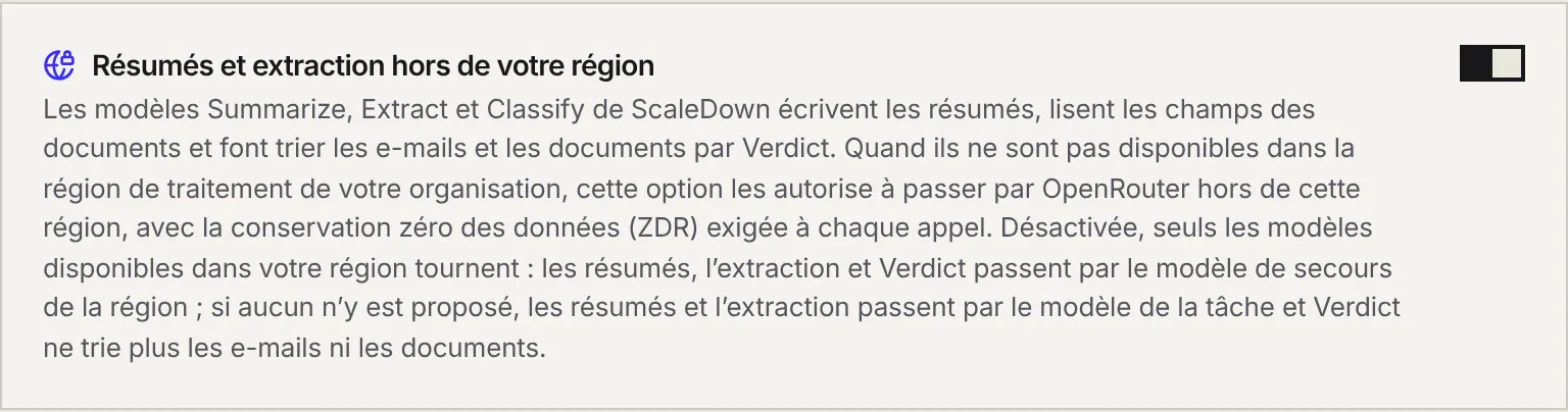 L'option Résumés et extraction hors de votre région, avec son interrupteur et son explication.