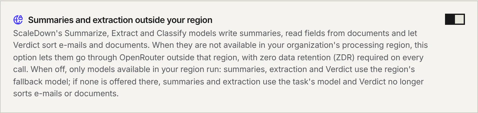 The Summaries and extraction outside your region option, with its switch and its explanation.