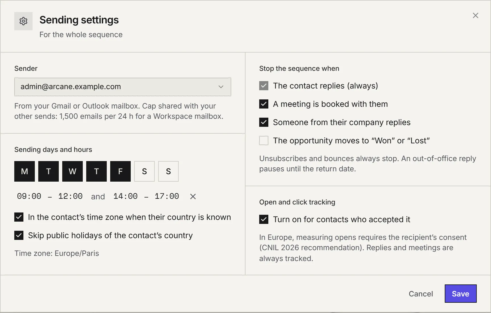 The sending settings: the sender, sending days and hours with two ranges, the contact's time zone and public holidays, what stops the sequence and open tracking.