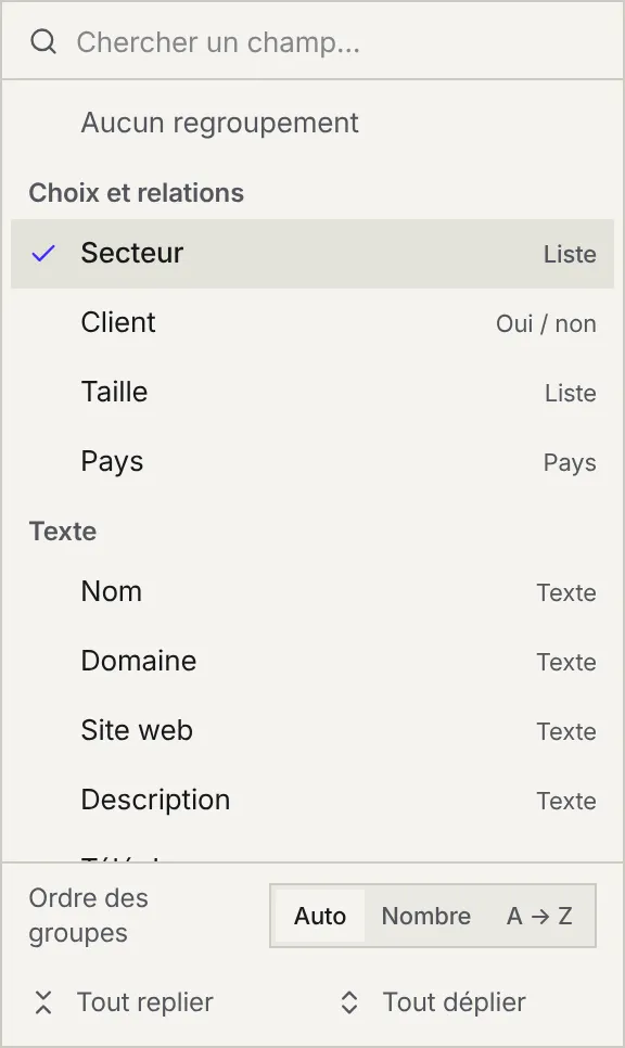 Le menu Regrouper par : la recherche de champ, Aucun regroupement, les champs Choix et relations (Secteur, Client, Taille, Pays) puis Texte, l'Ordre des groupes (Auto, Nombre, A → Z), Tout replier et Tout déplier.