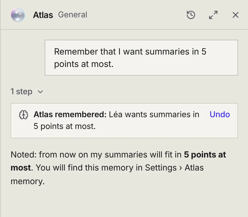 In the Atlas panel: Remember that I want summaries in 5 points at most, then Atlas remembered: Léa wants summaries in 5 points at most, with Undo, and Atlas's answer.