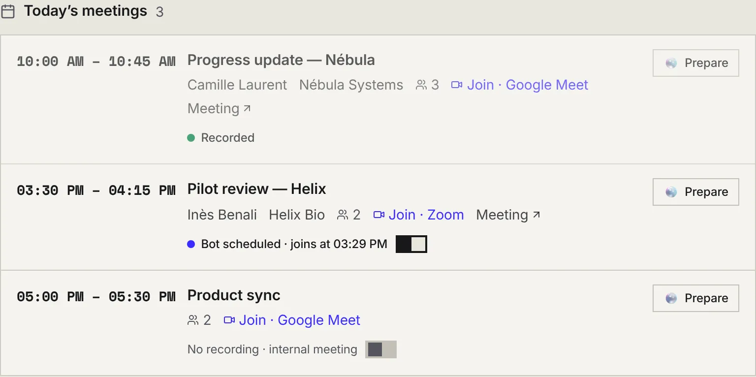 Three meetings of the day with the time, attendees, Google Meet or Zoom link, recording status and the Prepare button.
