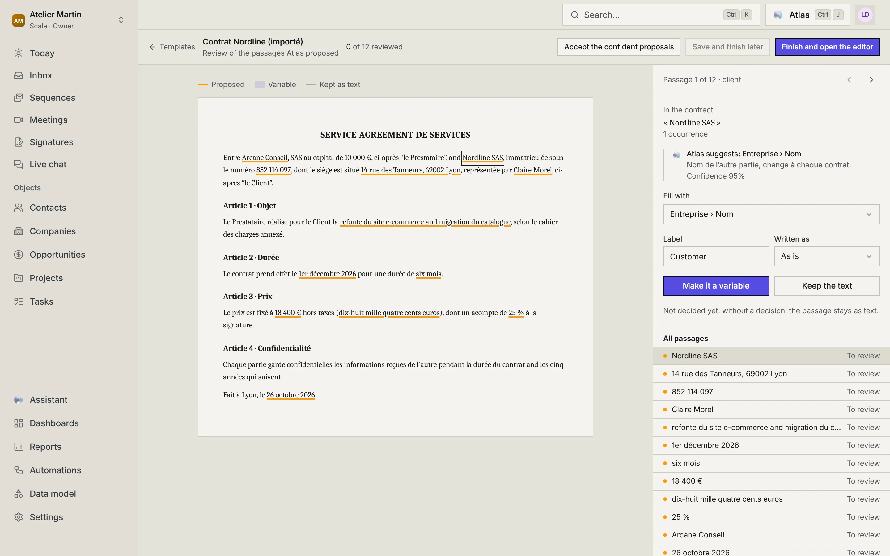 The review of the Nordline contract: the contract with underlined passages, and on the right the Nordline SAS passage, Atlas' suggestion, the Fill with, Label and Written as fields, the Make it a variable and Keep the text buttons, then the list of all passages.