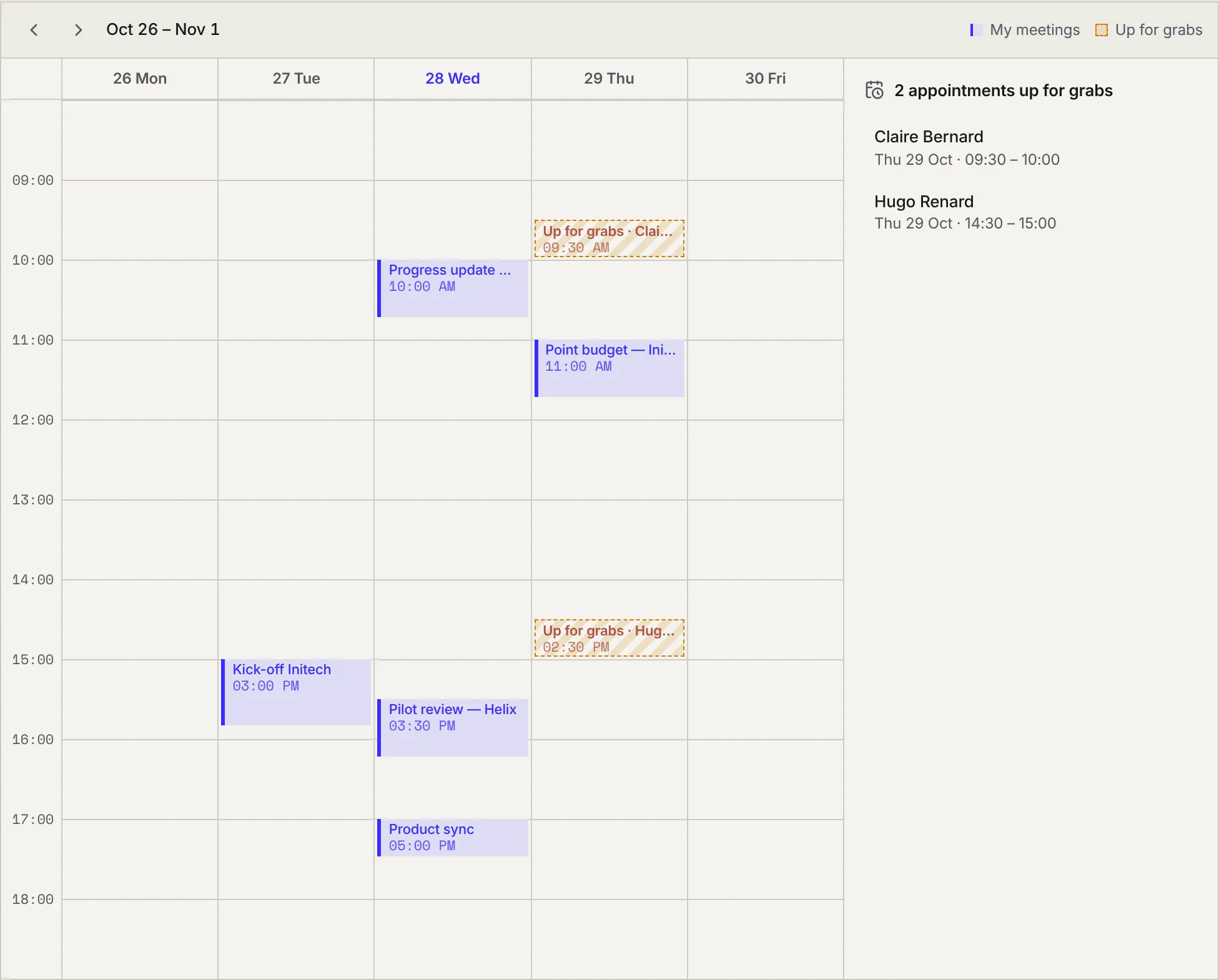 The Week view of the Meetings page: your meetings, and the meetings up for grabs hatched, listed in the right column.