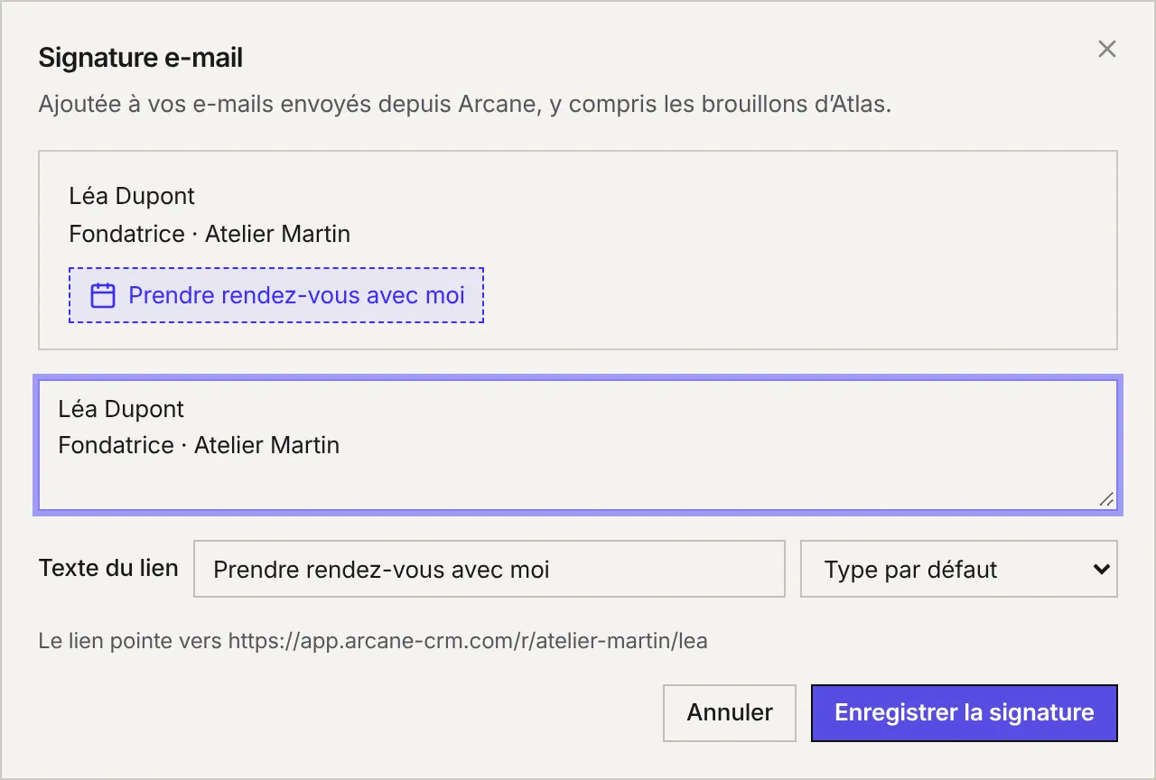 La fenêtre Signature e-mail : l'aperçu avec le lien Prendre rendez-vous avec moi, le texte de la signature, le texte du lien, le choix du type et l'adresse du lien.