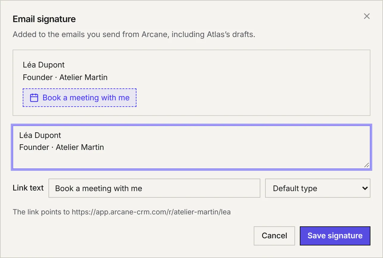 The Email signature window: the preview with the Book a meeting with me link, the signature text, the link text, the type choice and the link address.