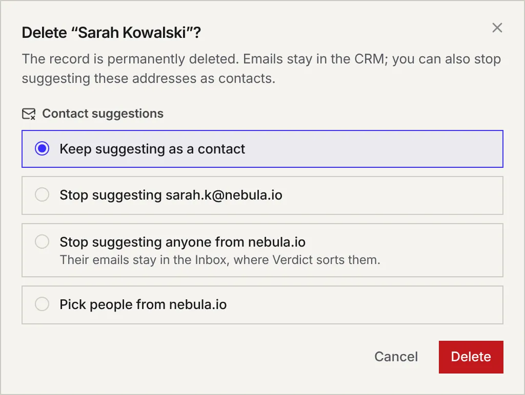 The Delete “Sarah Kowalski”? window: Keep suggesting as a contact, Stop suggesting sarah.k@nebula.io, Stop suggesting anyone from nebula.io, or Pick people from nebula.io.