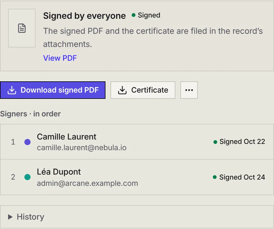A finished request: Signed by everyone, the Download signed PDF and Certificate buttons, the two signers with their date and Atlas' Signed by all suggestion.