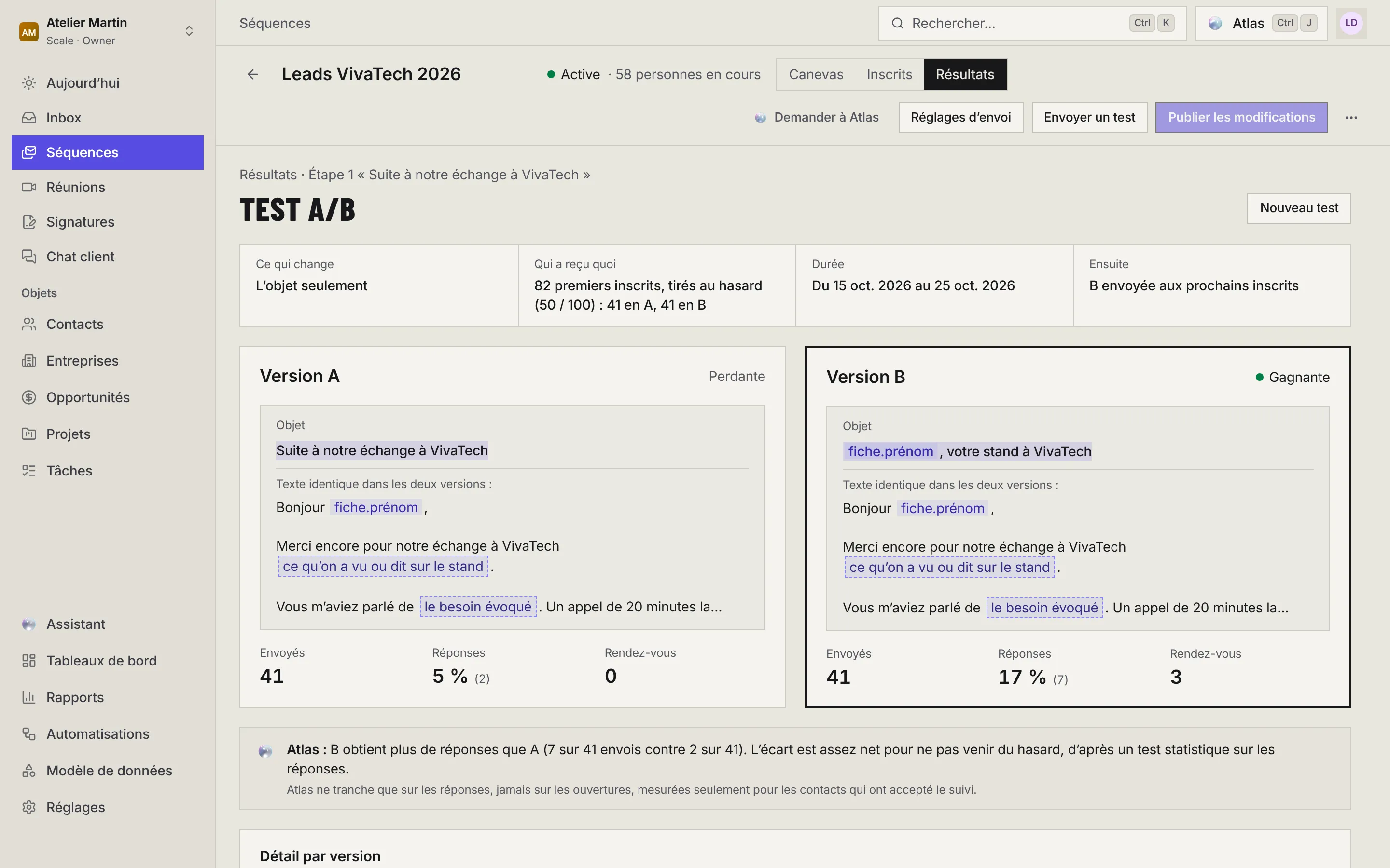 La page Test A/B de l'étape 1 : ce qui change, qui a reçu quoi, la durée et la suite, les versions A et B avec leurs envois, réponses et rendez-vous, la version B gagnante et la conclusion d'Atlas.