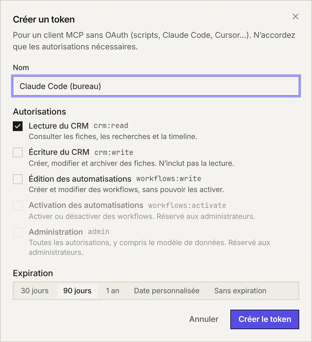 La fenêtre Créer un token : le nom, les autorisations Lecture du CRM (cochée), Écriture du CRM, Édition des automatisations, Activation des automatisations et Administration (grisées), et l'expiration.