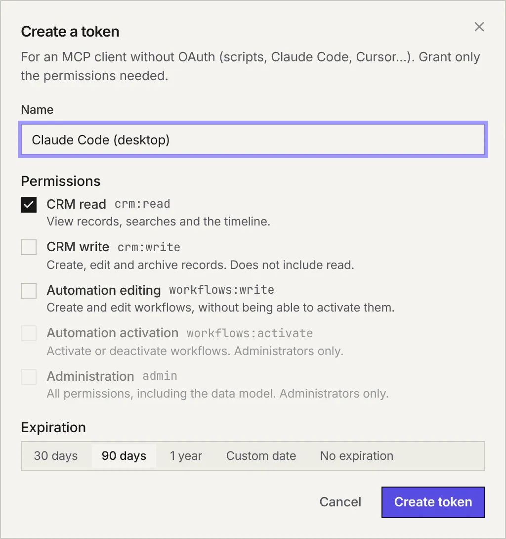 The Create a token window: the name, the permissions CRM read (ticked), CRM write, Automation editing, Automation activation and Administration (greyed out), and the expiration.