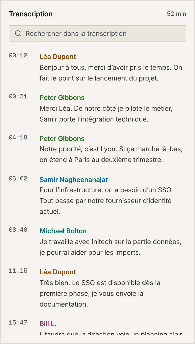 Le cadre Transcription avec la recherche, l'interrupteur Suivre la lecture et les passages horodatés de chaque intervenant.