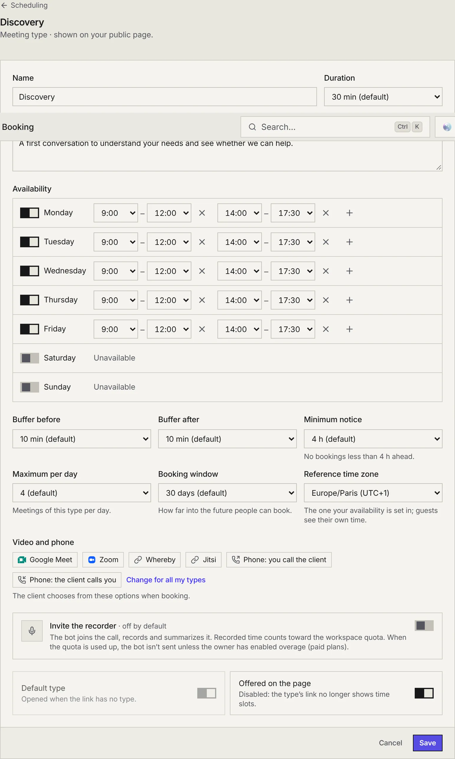 The Discovery type form: name, duration, description, availability per day, buffers before and after, minimum notice, maximum per day, booking window, time zone, video options, recorder, default type and Offered on the page.