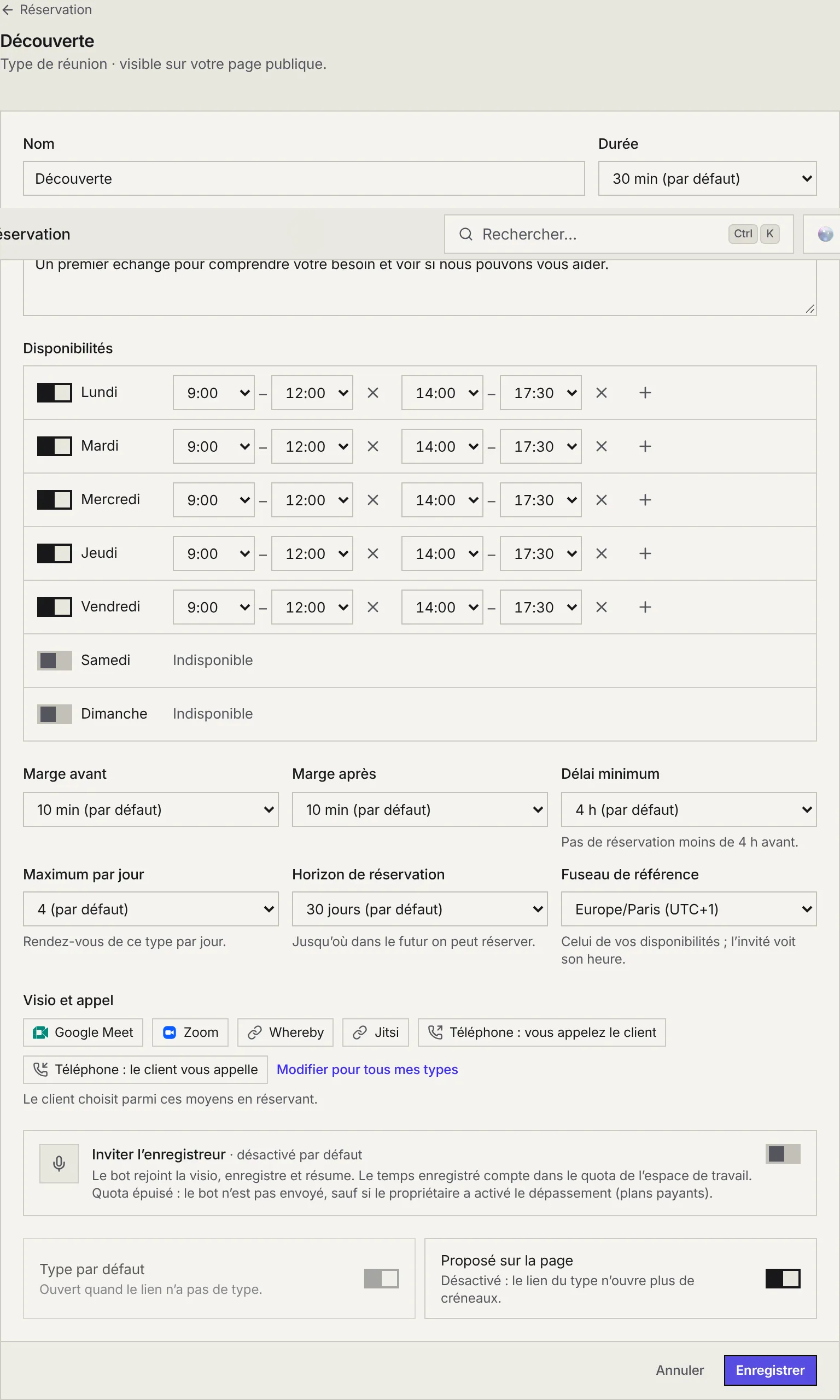Le formulaire du type Découverte : nom, durée, description, disponibilités par jour, marges avant et après, délai minimum, maximum par jour, horizon, fuseau, moyens de visio, enregistreur, type par défaut et Proposé sur la page.