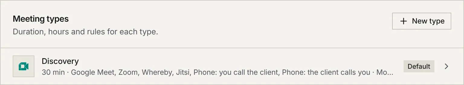 The Meeting types card: the New type button and the Discovery type, 30 minutes, with its options, its hours and the Default badge.