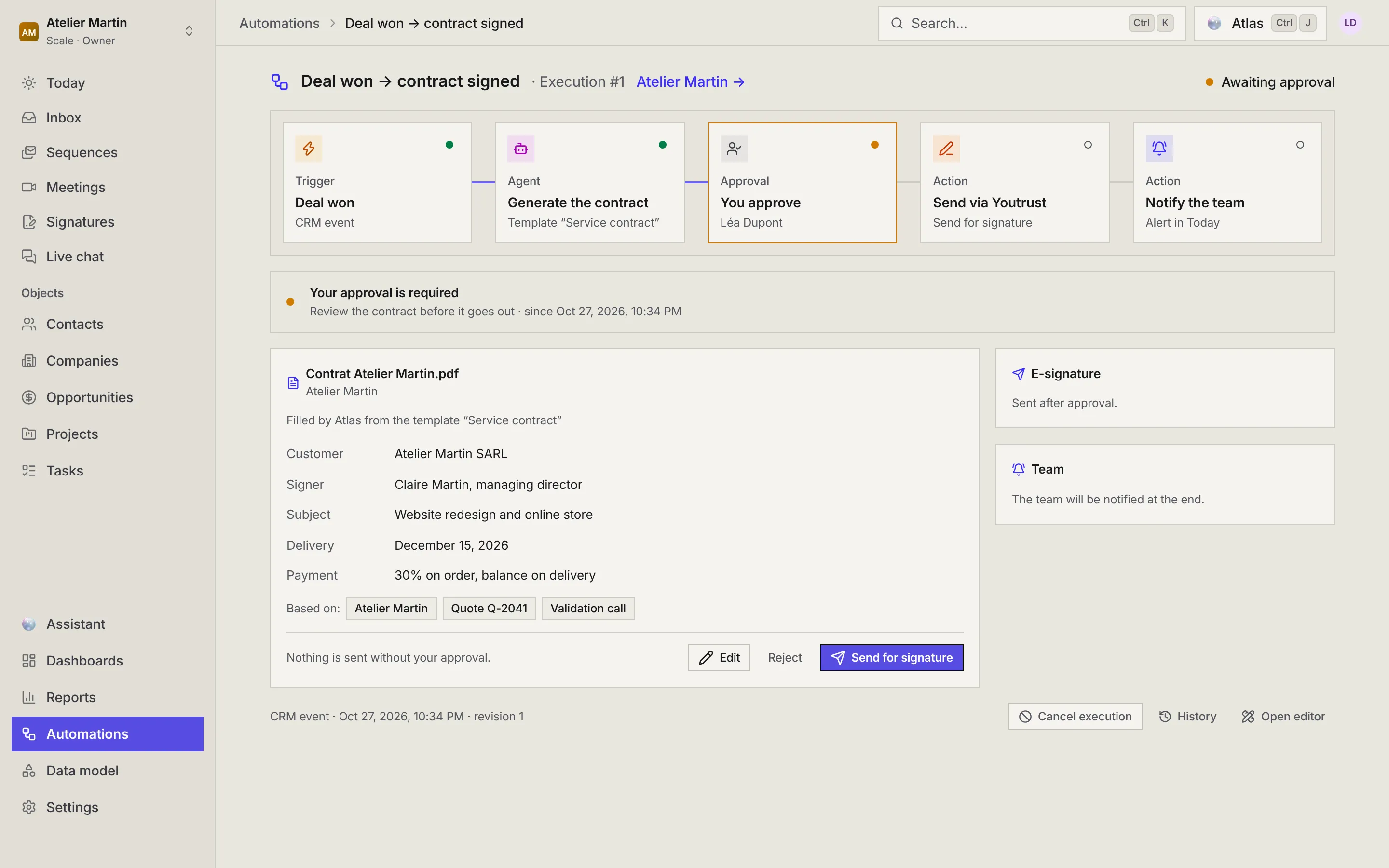 Run #1 of Deal won → contract signed, waiting for approval: the five steps in a row, the Your approval is required message, the contract filled in by Atlas with its sources, the Edit, Reject and Send for signature buttons, then Cancel execution, History and Open editor.