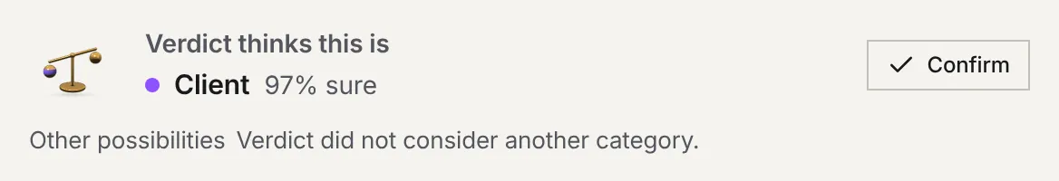 Verdict's box: the scale, the Client category 97% sure, the Confirm button and the other possibilities.
