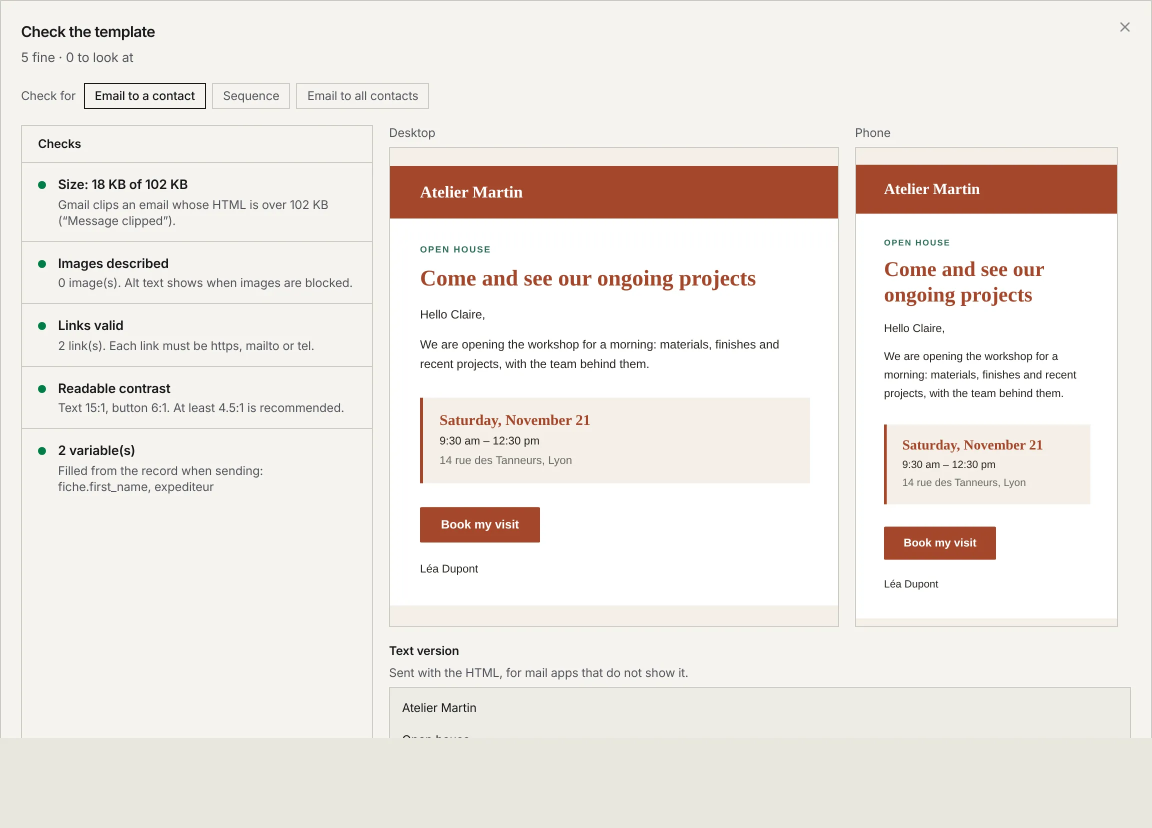 The Check the template window: the checks (size, images, links, contrast, variables), the desktop and phone preview with sample values, and the text version.