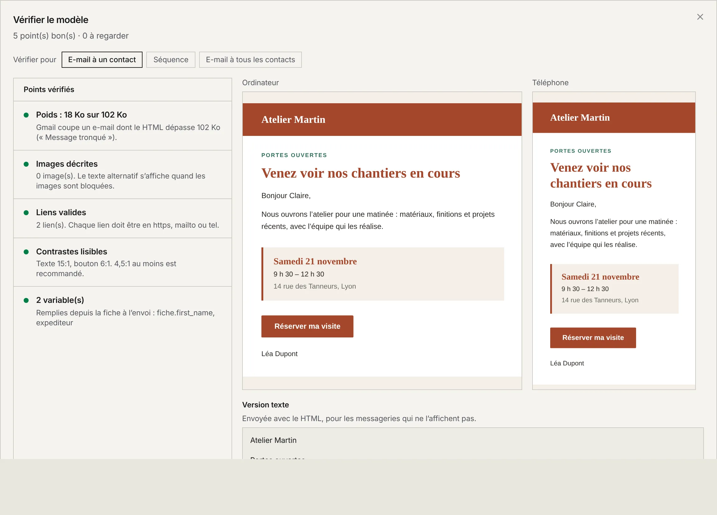 La fenêtre Vérifier le modèle : les points vérifiés (poids, images, liens, contrastes, variables), l'aperçu ordinateur et téléphone avec des valeurs d'exemple, et la version texte.