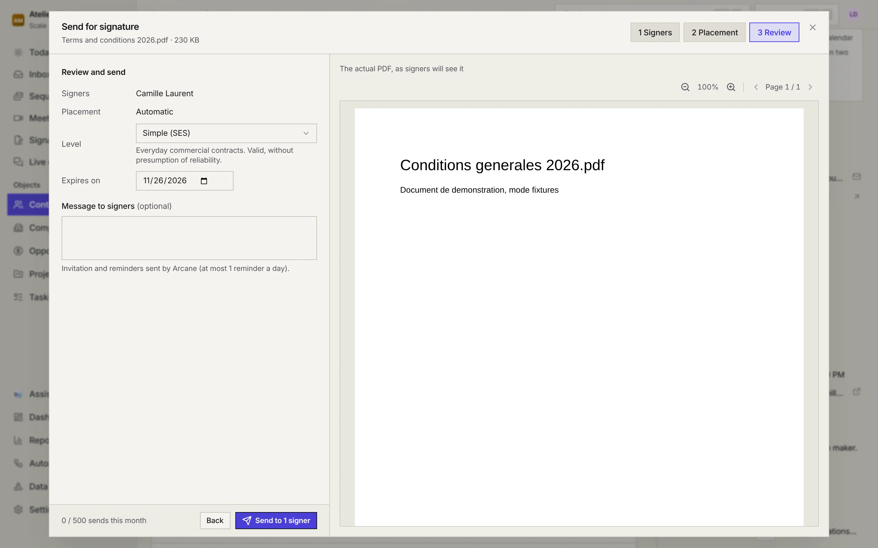 The Review step: the summary of signers and placement, the Simple (SES) level, the expiry date, the message to signers and the Send to 1 signer button.