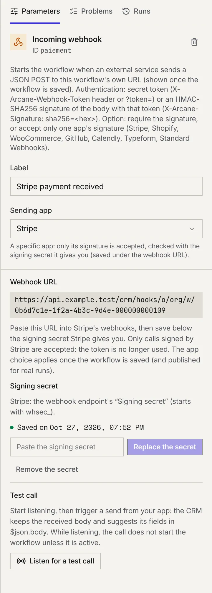The panel of an Incoming webhook trigger: the sending app (Stripe), the webhook URL, the saved signing secret and the Listen for a test call button.